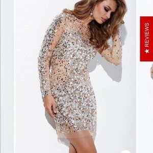 Bejeweled jovani. LONG SLEEVE JEWELED SHEER SHORT DRESS 171300